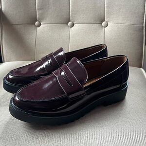 New Burgundy Lug Sole Penny Loafers, 6.5
